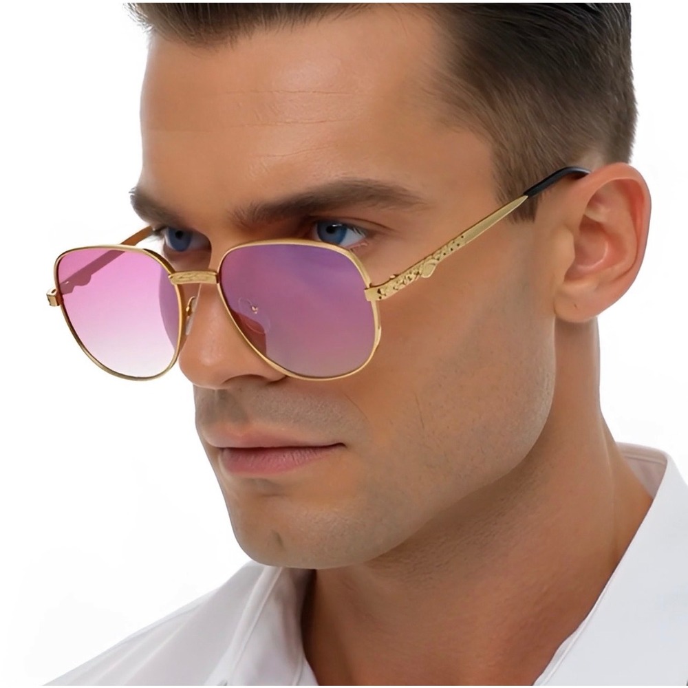 Men Vintage Style Gold Etched Aviator Sunglasses Pink Gradient Lens Retro Shades